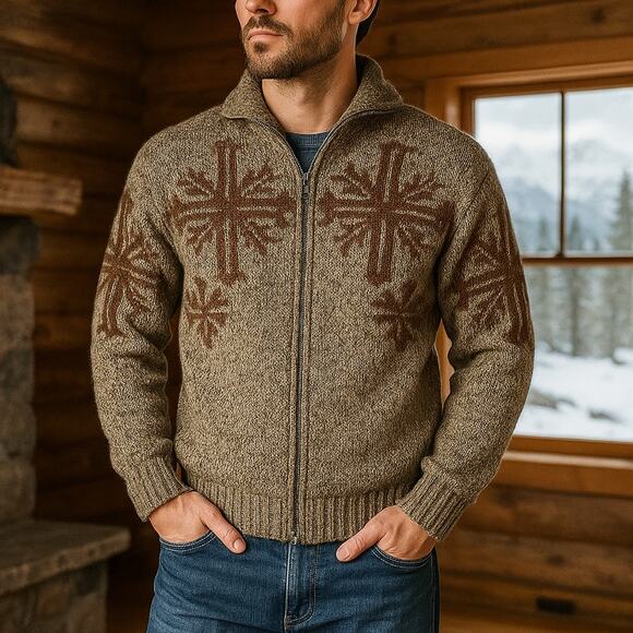 Unbranded Cowichan Style Wool Cardigan Full Zip Nordic Snowflake Mens Large Knit - Picture 1 of 5